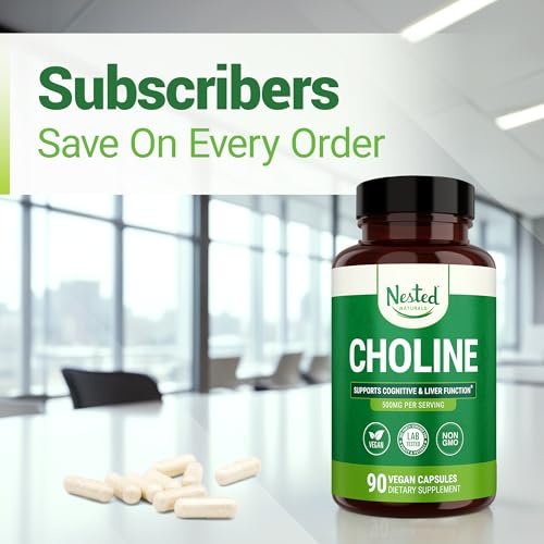 Nested Naturals Cholin Bitartrat 500 mg pro Portion – Hochdosiertes Cholin-Supplement zur Unterstützung kognitiver Leistung und Leberfunktion – 100 % vegan & nicht-GVO – 90 vegane Kapseln