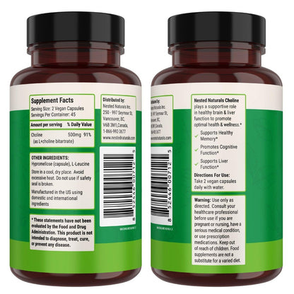 Nested Naturals Cholin Bitartrat 500 mg pro Portion – Hochdosiertes Cholin-Supplement zur Unterstützung kognitiver Leistung und Leberfunktion – 100 % vegan & nicht-GVO – 90 vegane Kapseln