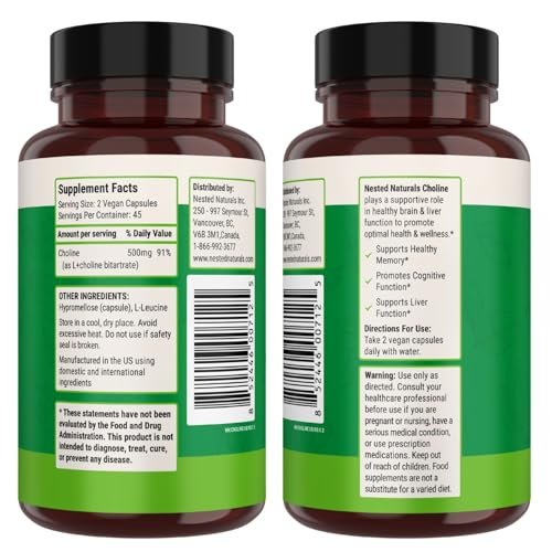 Nested Naturals Cholin Bitartrat 500 mg pro Portion – Hochdosiertes Cholin-Supplement zur Unterstützung kognitiver Leistung und Leberfunktion – 100 % vegan & nicht-GVO – 90 vegane Kapseln