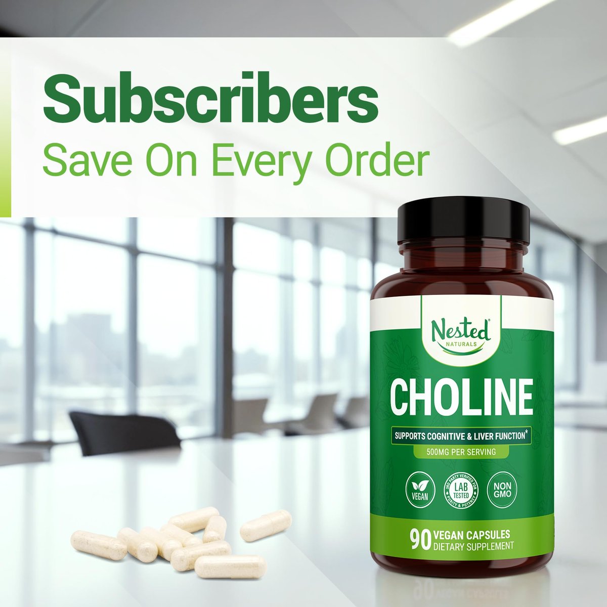 Nested Naturals Cholin Bitartrat 500 mg pro Portion – Hochdosiertes Cholin-Supplement zur Unterstützung kognitiver Leistung und Leberfunktion – 100 % vegan & nicht-GVO – 90 vegane Kapseln