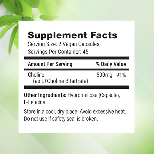 Nested Naturals Cholin Bitartrat 500 mg pro Portion – Hochdosiertes Cholin-Supplement zur Unterstützung kognitiver Leistung und Leberfunktion – 100 % vegan & nicht-GVO – 90 vegane Kapseln