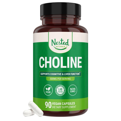 Nested Naturals Cholin Bitartrat 500 mg pro Portion – Hochdosiertes Cholin-Supplement zur Unterstützung kognitiver Leistung und Leberfunktion – 100 % vegan & nicht-GVO – 90 vegane Kapseln