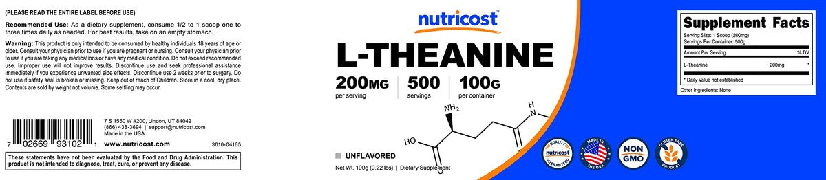 Nutricost L-Theanin Pulver 100 g – Glutenfrei & Non-GMO