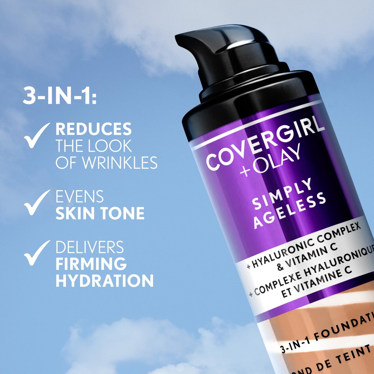 COVERGIRL & Olay Simply Ageless 3-in-1 Flüssig-Foundation, mattes Finish, mit Hyaluronsäure & Vitamin C, 232 Nude Beige, 29 ml