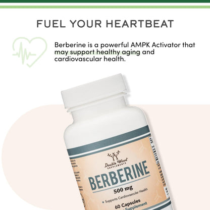 Berberin Supplement 500mg, Hohe Reinheit 97% HCl, 60 Kapseln (Drittgeprüft, Nicht-GVO, Glutenfrei, Vegan) – AMPK-Aktivator – Berberin HCL für Herz-Kreislauf-Gesundheit von Double Wood