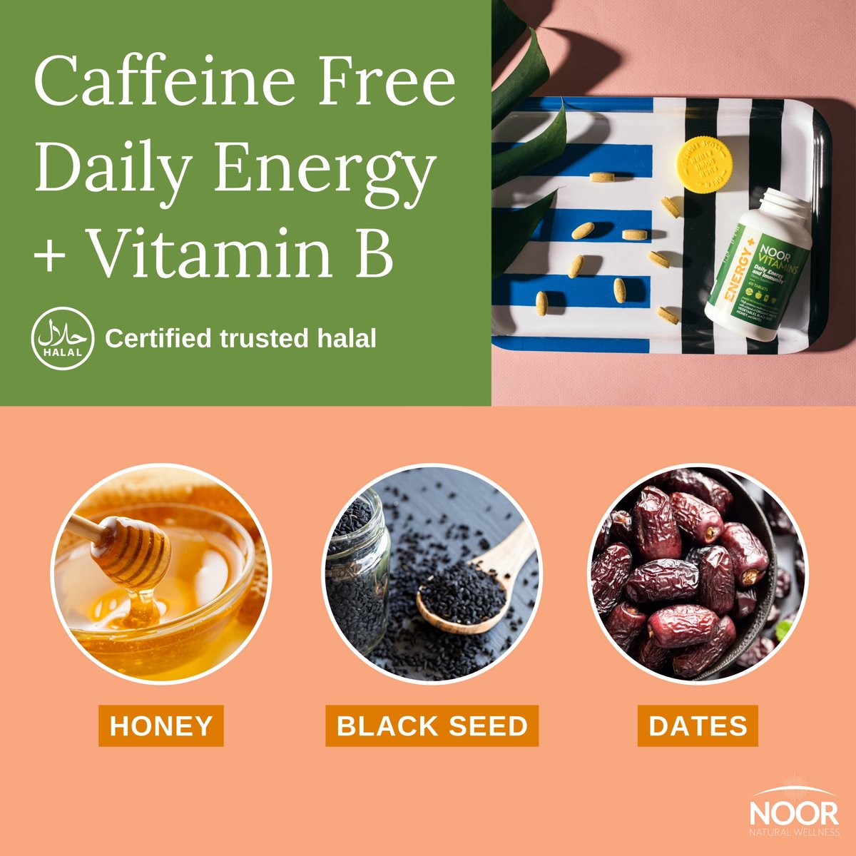 Noor Vitamins Energy+ Multivitamin – Halal Multivitamin für Energie, Immunsystem & Vitalität mit 26 Vitaminen & Mineralstoffen, Schwarzkümmel, Datteln, Honig, für Männer & Frauen, Gelatinefrei, 2-Monats-Vorrat