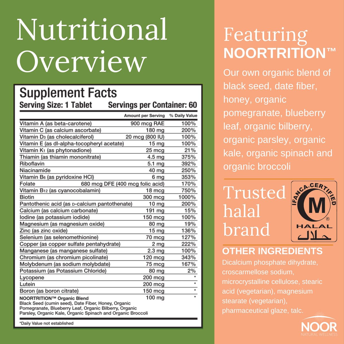 Noor Vitamins Energy+ Multivitamin – Halal Multivitamin für Energie, Immunsystem & Vitalität mit 26 Vitaminen & Mineralstoffen, Schwarzkümmel, Datteln, Honig, für Männer & Frauen, Gelatinefrei, 2-Monats-Vorrat