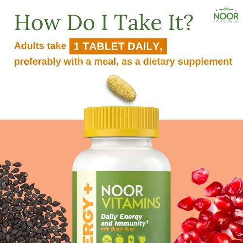 Noor Vitamins Energy+ Multivitamin – Halal Multivitamin für Energie, Immunsystem & Vitalität mit 26 Vitaminen & Mineralstoffen, Schwarzkümmel, Datteln, Honig, für Männer & Frauen, Gelatinefrei, 2-Monats-Vorrat