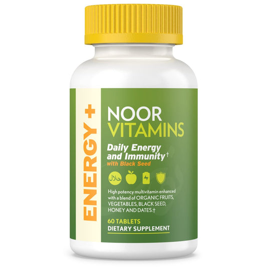 Noor Vitamins Energy+ Multivitamin – Halal Multivitamin für Energie, Immunsystem & Vitalität mit 26 Vitaminen & Mineralstoffen, Schwarzkümmel, Datteln, Honig, für Männer & Frauen, Gelatinefrei, 2-Monats-Vorrat