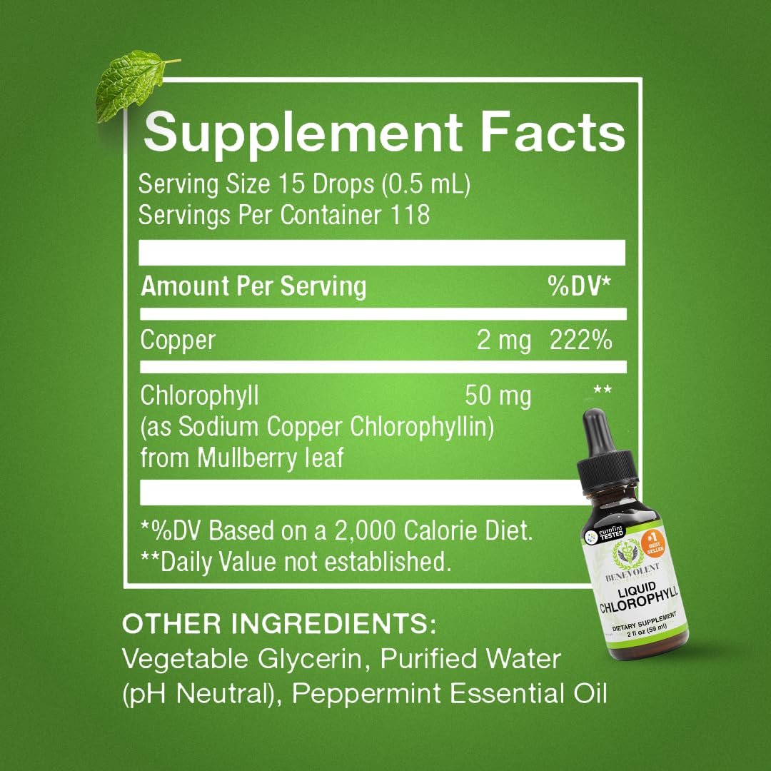 Benevolent Nourishment Chlorophyll-Tropfen, Entgiftung & Immununterstützung, Innerer Deodorant, 60 ml
