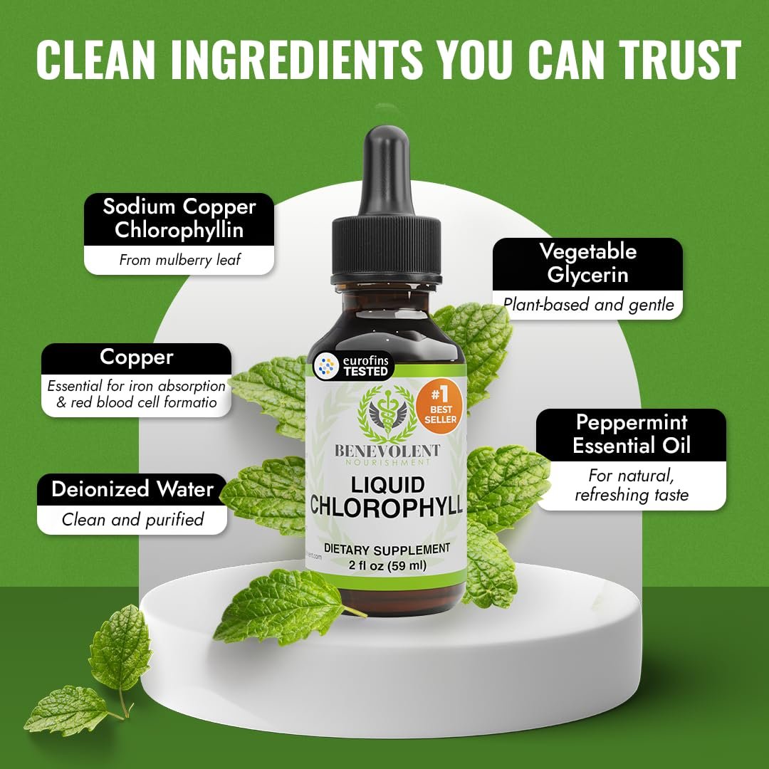 Benevolent Nourishment Chlorophyll-Tropfen, Entgiftung & Immununterstützung, Innerer Deodorant, 60 ml