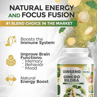 GreeNatr Ginko Biloba & Panax Ginseng Supplement – Gedächtnis & Konzentration, 60 Tabletten