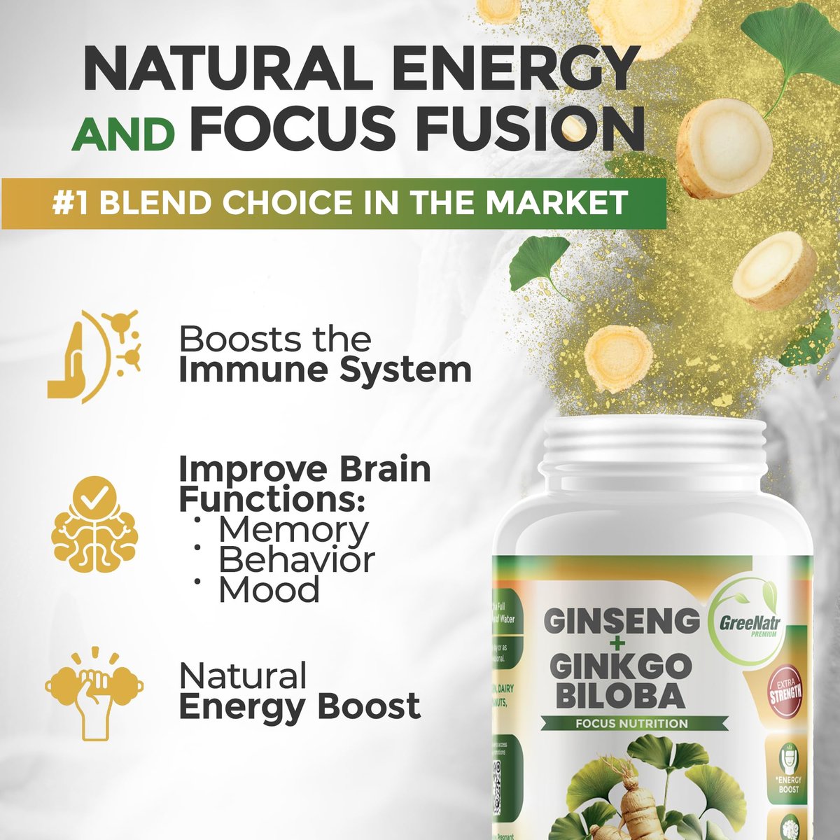 GreeNatr Ginko Biloba & Panax Ginseng Supplement – Gedächtnis & Konzentration, 60 Tabletten