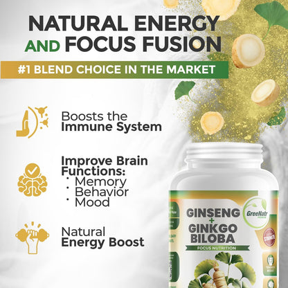 GreeNatr Ginko Biloba & Panax Ginseng Supplement – Gedächtnis & Konzentration, 60 Tabletten