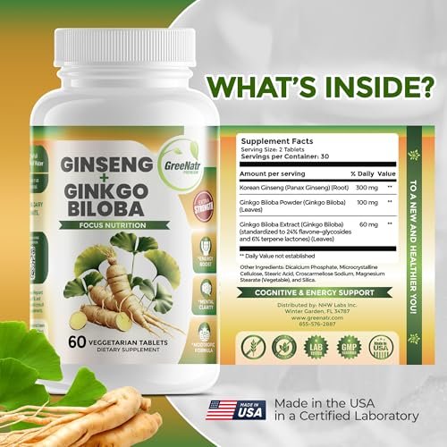 GreeNatr Ginko Biloba & Panax Ginseng Supplement – Gedächtnis & Konzentration, 60 Tabletten