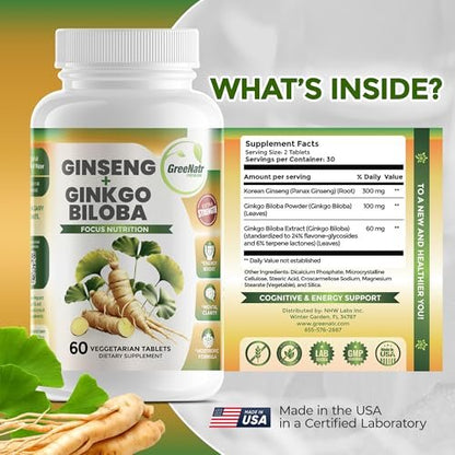 GreeNatr Ginko Biloba & Panax Ginseng Supplement – Gedächtnis & Konzentration, 60 Tabletten