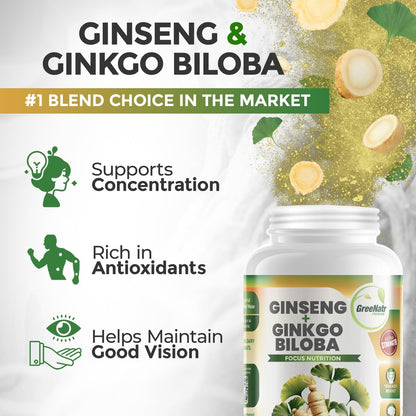 GreeNatr Ginko Biloba & Panax Ginseng Supplement – Gedächtnis & Konzentration, 60 Tabletten