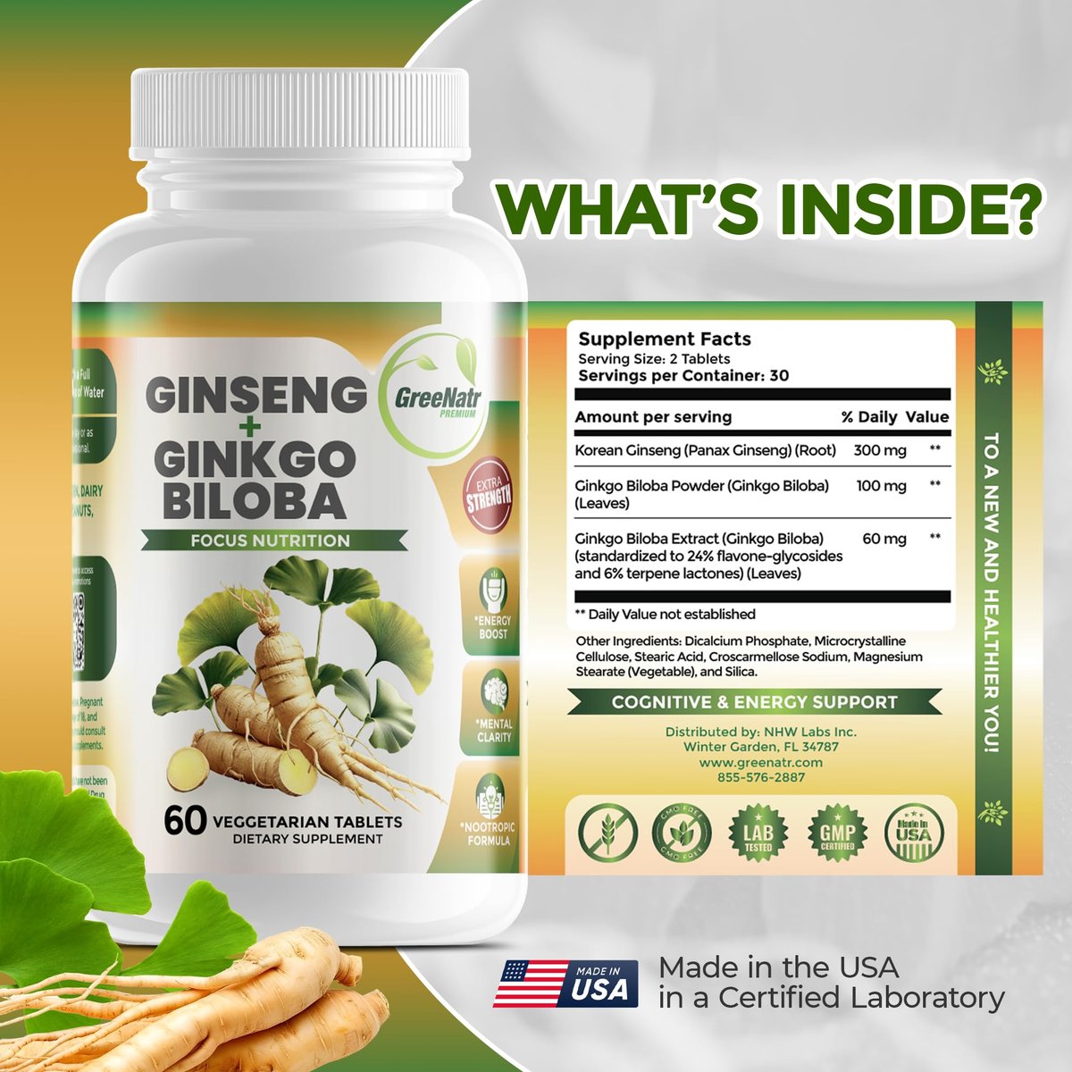 GreeNatr Ginko Biloba & Panax Ginseng Supplement – Gedächtnis & Konzentration, 60 Tabletten