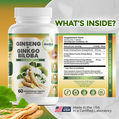 GreeNatr Ginko Biloba & Panax Ginseng Supplement – Gedächtnis & Konzentration, 60 Tabletten