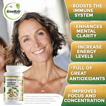 GreeNatr Ginko Biloba & Panax Ginseng Supplement – Gedächtnis & Konzentration, 60 Tabletten
