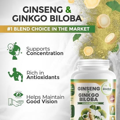 GreeNatr Ginko Biloba & Panax Ginseng Supplement – Gedächtnis & Konzentration, 60 Tabletten