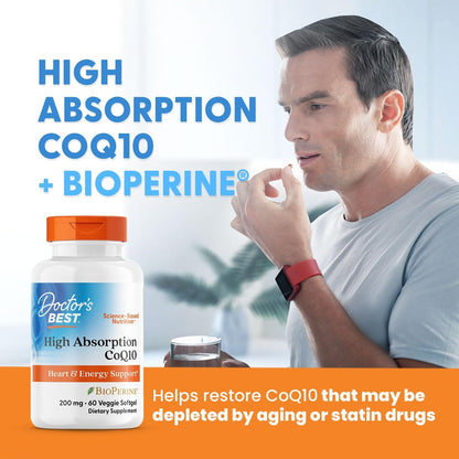 Doctor's Best CoQ10 200 mg mit BioPerine – Hochdosiertes Coenzym Q10 für Herzgesundheit & Antioxidans Unterstützung, 60 vegane Softgels