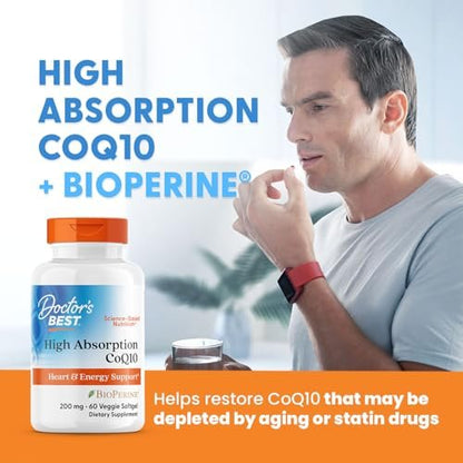 Doctor's Best CoQ10 200 mg mit BioPerine – Hochdosiertes Coenzym Q10 für Herzgesundheit & Antioxidans Unterstützung, 60 vegane Softgels