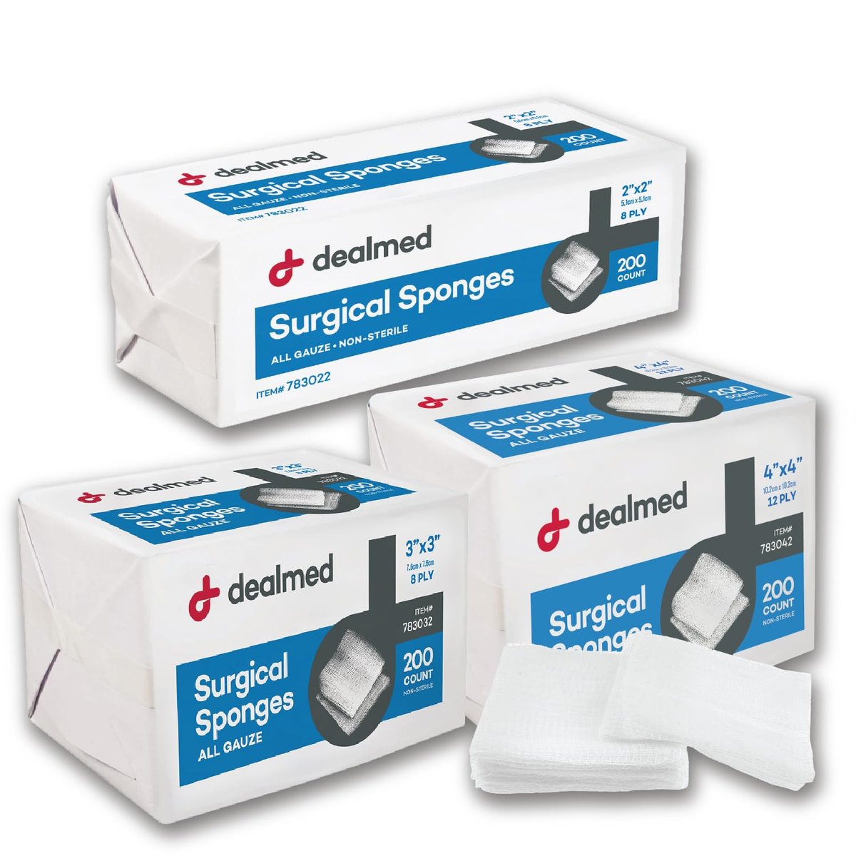 Dealmed 2" x 2" Chirurgische Schwämme, 8-lagig, saugfähige Mullkompressen zur Wundversorgung, für Erste-Hilfe-Sets und medizinische Einrichtungen, 200 Stück (1 Packung)