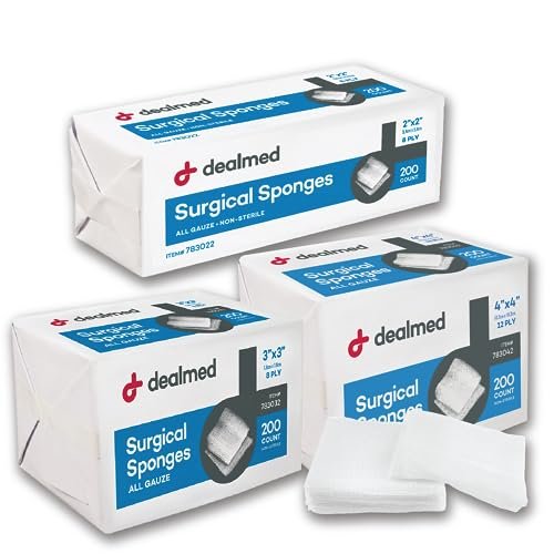 Dealmed 2" x 2" Chirurgische Schwämme, 8-lagig, saugfähige Mullkompressen zur Wundversorgung, für Erste-Hilfe-Sets und medizinische Einrichtungen, 200 Stück (1 Packung)