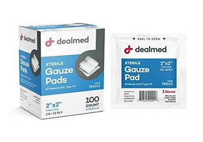 Dealmed 5 x 5 cm sterile Mullkompressen (100 Stück) – einzeln verpackte Wundauflagen für Erste-Hilfe-Set und medizinische Einrichtungen