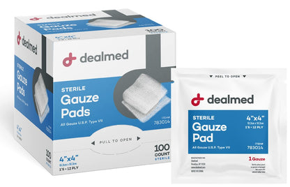 Dealmed Sterile 4x4 Mullkompressen einzeln verpackt, medizinische Wundauflage für Erste Hilfe, nicht haftend, hoch saugfähig, atmungsaktiv, Baumwolle, 100 Stück (1 Packung)