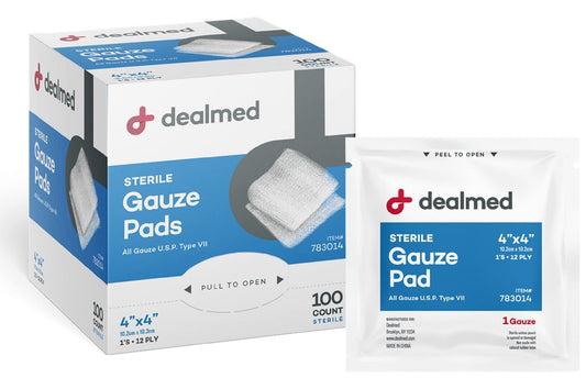 Dealmed Sterile 4x4 Mullkompressen einzeln verpackt, medizinische Wundauflage für Erste Hilfe, nicht haftend, hoch saugfähig, atmungsaktiv, Baumwolle, 100 Stück (1 Packung)