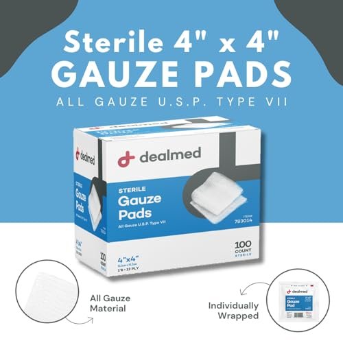 Dealmed Sterile 4x4 Mullkompressen einzeln verpackt, medizinische Wundauflage für Erste Hilfe, nicht haftend, hoch saugfähig, atmungsaktiv, Baumwolle, 100 Stück (1 Packung)