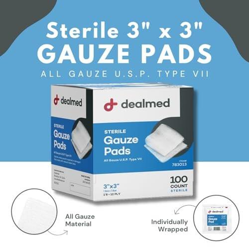 Dealmed 3'' x 3'' Sterile Mullkompressen (100 Stück) – Einweg und einzeln verpackte medizinische Wundauflagen für Erste-Hilfe-Set und medizinische Einrichtungen (Packung mit 1)