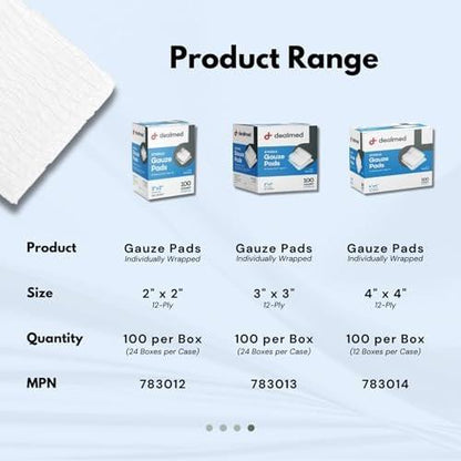Dealmed 3'' x 3'' Sterile Mullkompressen (100 Stück) – Einweg und einzeln verpackte medizinische Wundauflagen für Erste-Hilfe-Set und medizinische Einrichtungen (Packung mit 1)