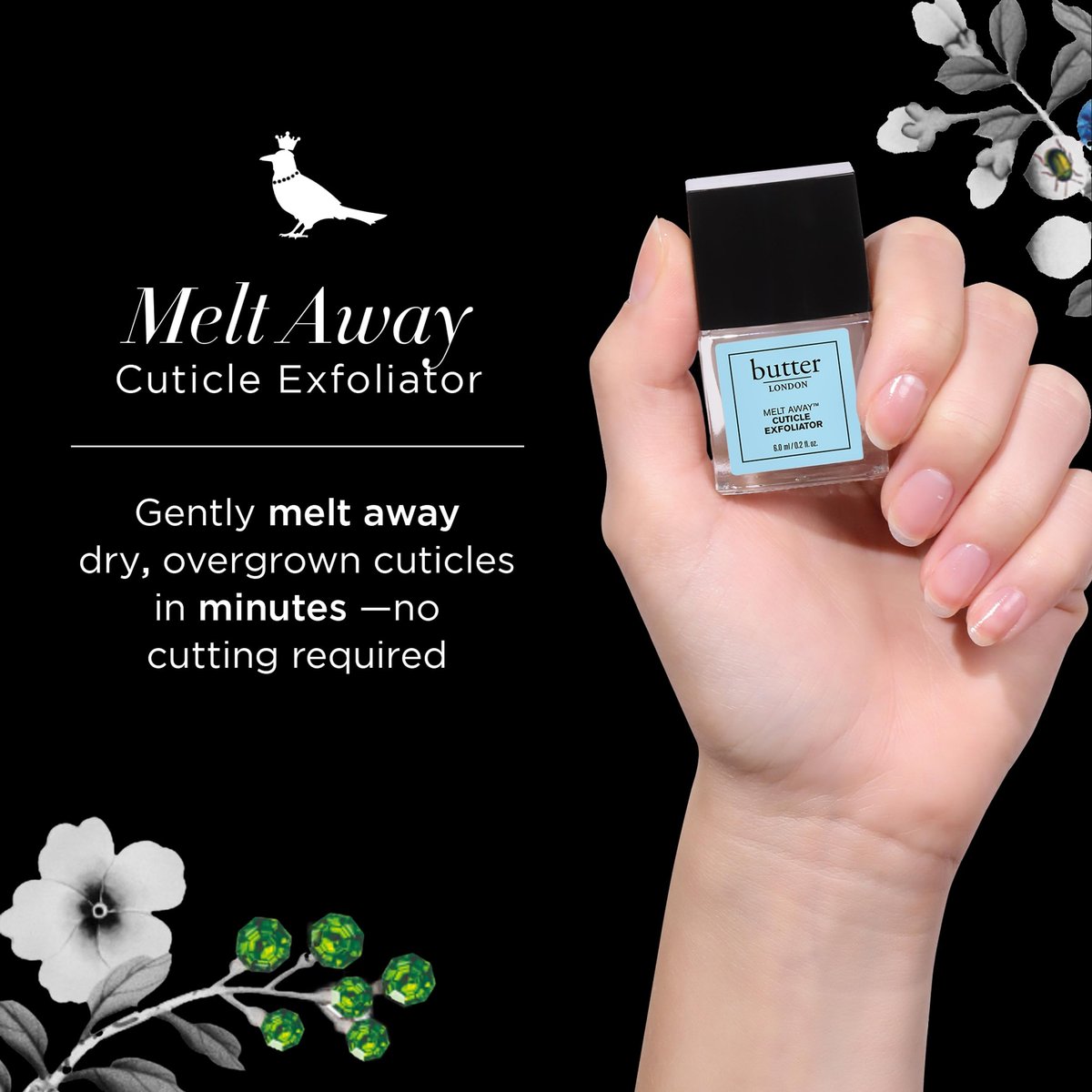 butter LONDON Nagelhautentferner Flüssigkeit, Melt Away – Nagelhautöl-Peeling & Weichmacher, entfernt sanft trockene, überwachsene Nagelhaut für gesund aussehende Nägel – schnell wirkend & schmerzfrei – 0,4 Fl Oz