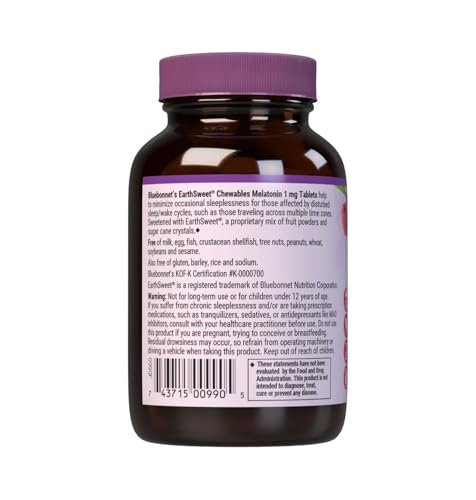 Bluebonnet Nutrition EarthSweet Melatonin 1 mg schnelllösliche Kautabletten für erholsamen Schlaf – Vegan, glutenfrei, Himbeergeschmack, 60 Stück
