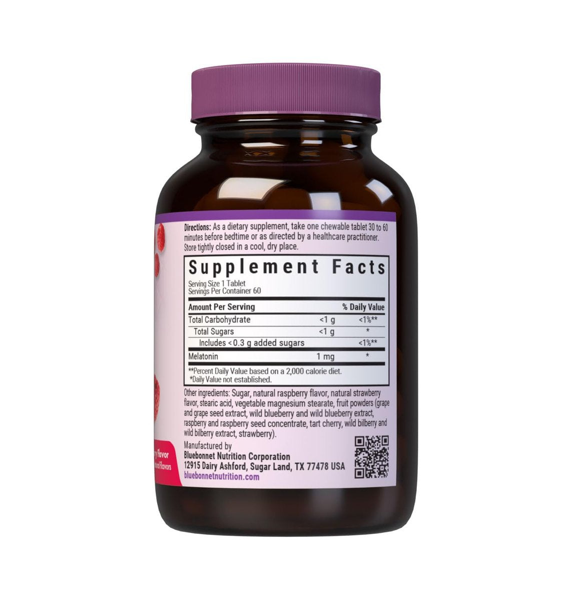 Bluebonnet Nutrition EarthSweet Melatonin 1 mg schnelllösliche Kautabletten für erholsamen Schlaf – Vegan, glutenfrei, Himbeergeschmack, 60 Stück