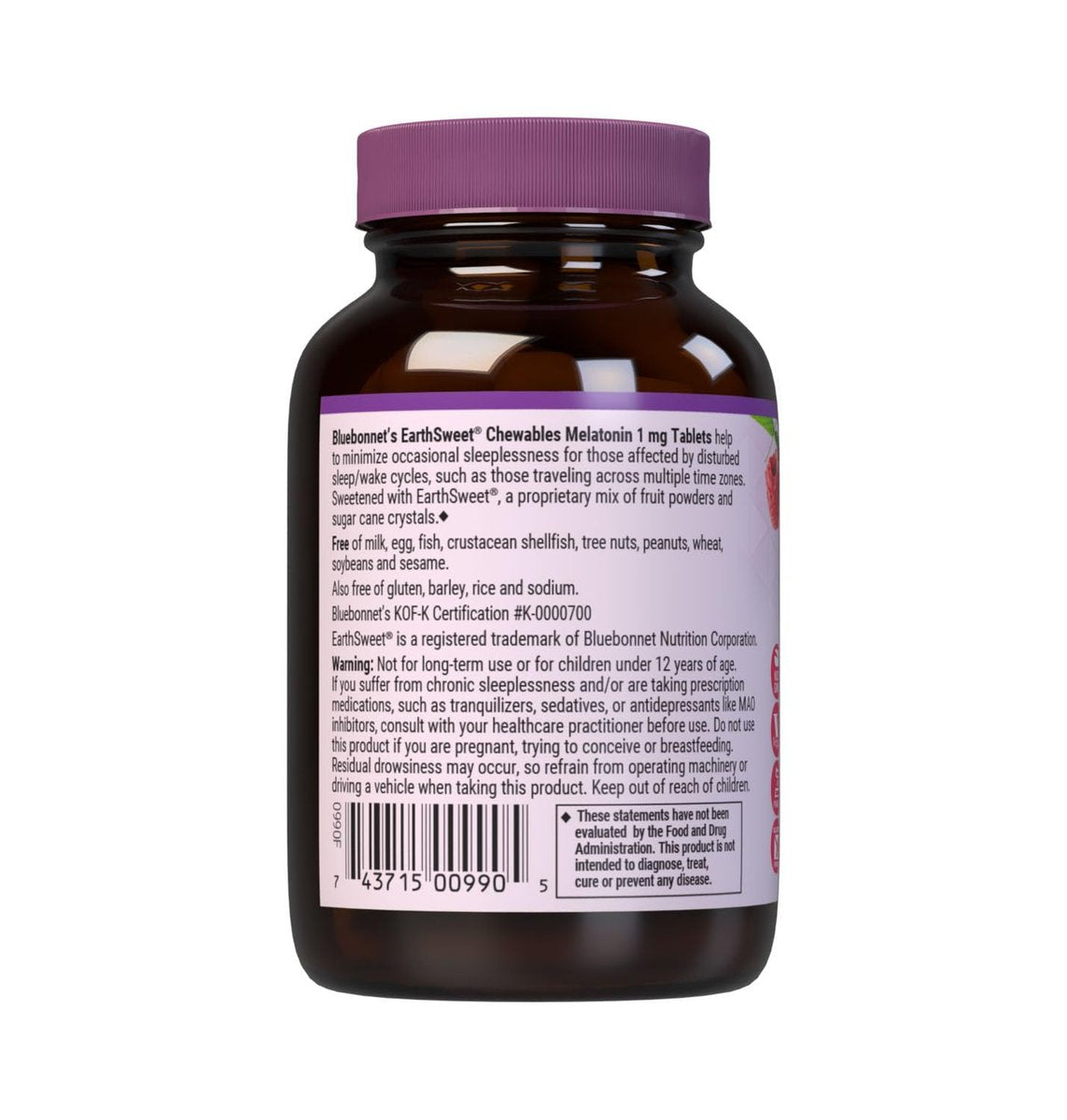 Bluebonnet Nutrition EarthSweet Melatonin 1 mg schnelllösliche Kautabletten für erholsamen Schlaf – Vegan, glutenfrei, Himbeergeschmack, 60 Stück