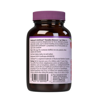 Bluebonnet Nutrition EarthSweet Melatonin 1 mg schnelllösliche Kautabletten für erholsamen Schlaf – Vegan, glutenfrei, Himbeergeschmack, 60 Stück