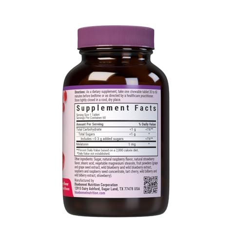 Bluebonnet Nutrition EarthSweet Melatonin 1 mg schnelllösliche Kautabletten für erholsamen Schlaf – Vegan, glutenfrei, Himbeergeschmack, 60 Stück