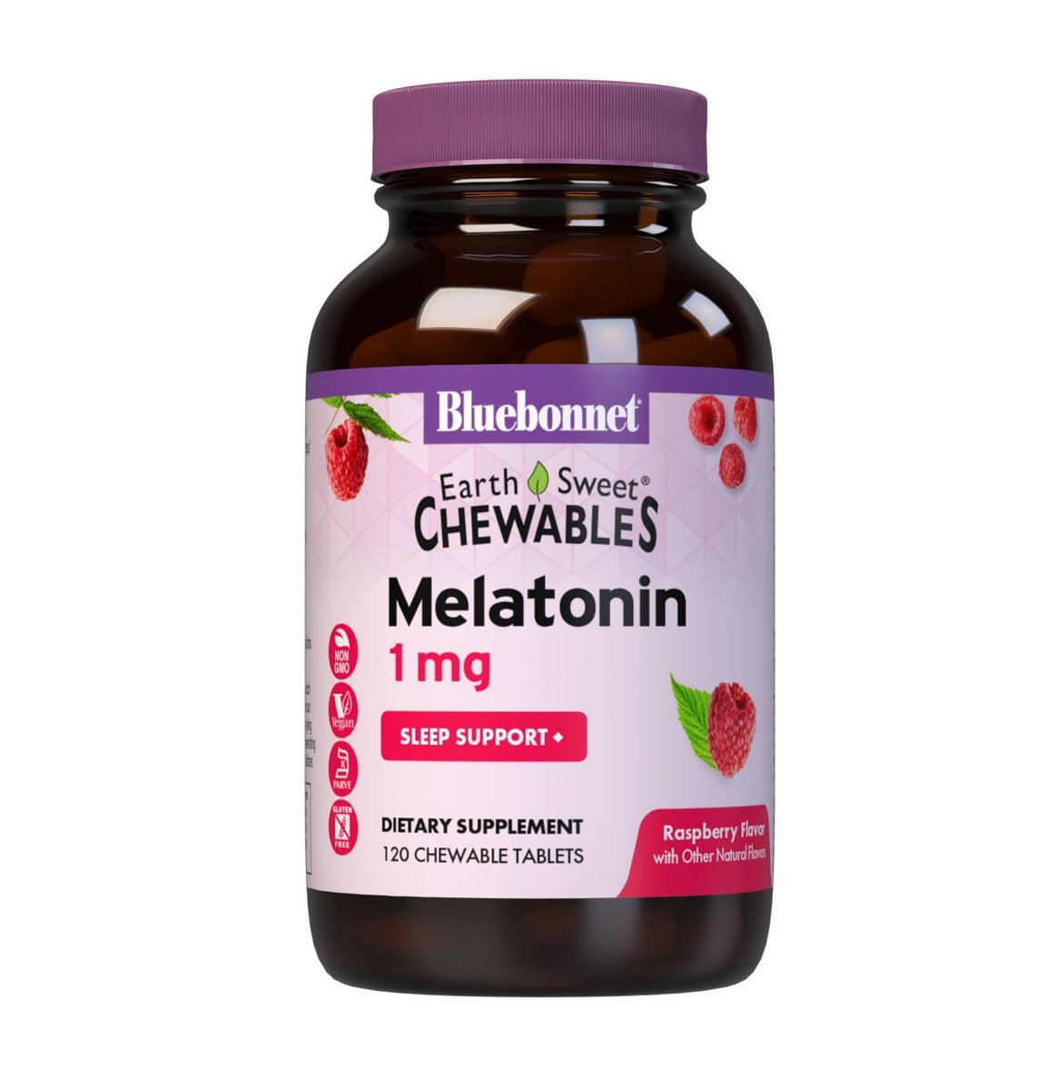 Bluebonnet Nutrition EarthSweet Melatonin 1 mg – Schnell lösliche Tabletten für erholsamen Schlaf & Entspannung – Vegan & Glutenfrei – Himbeergeschmack – 120 Kautabletten