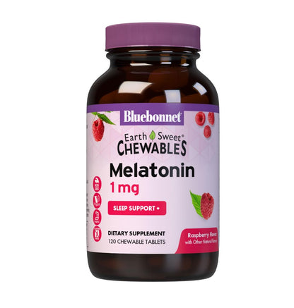 Bluebonnet Nutrition EarthSweet Melatonin 1 mg – Schnell lösliche Tabletten für erholsamen Schlaf & Entspannung – Vegan & Glutenfrei – Himbeergeschmack – 120 Kautabletten