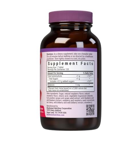 Bluebonnet Nutrition EarthSweet Melatonin 1 mg – Schnell lösliche Tabletten für erholsamen Schlaf & Entspannung – Vegan & Glutenfrei – Himbeergeschmack – 120 Kautabletten