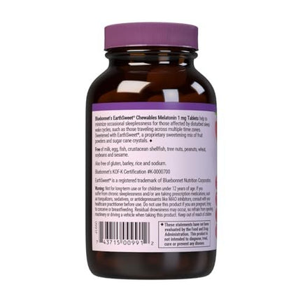 Bluebonnet Nutrition EarthSweet Melatonin 1 mg – Schnell lösliche Tabletten für erholsamen Schlaf & Entspannung – Vegan & Glutenfrei – Himbeergeschmack – 120 Kautabletten