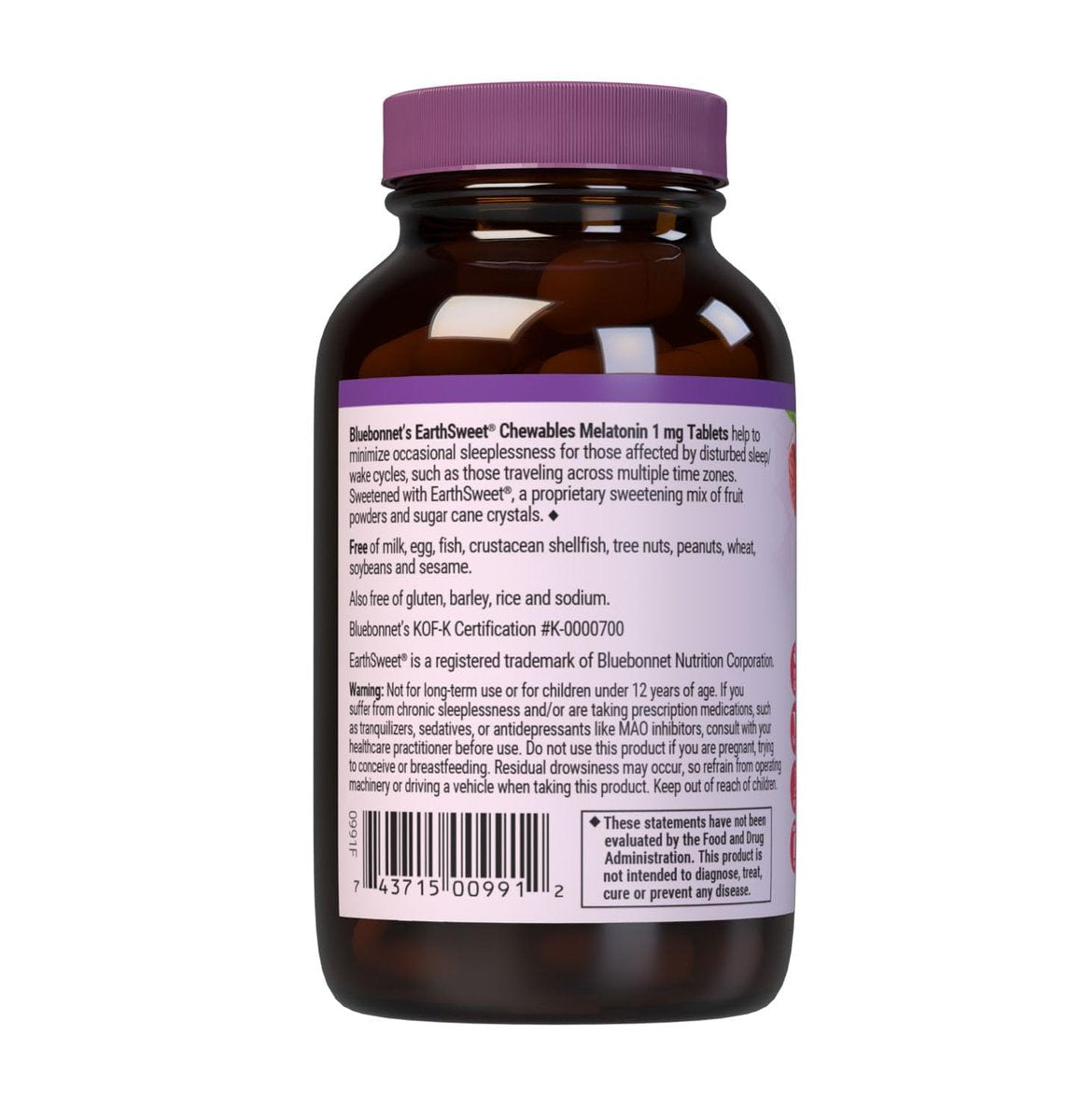 Bluebonnet Nutrition EarthSweet Melatonin 1 mg – Schnell lösliche Tabletten für erholsamen Schlaf & Entspannung – Vegan & Glutenfrei – Himbeergeschmack – 120 Kautabletten