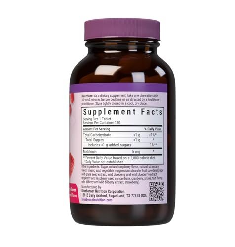 Bluebonnet Nutrition EarthSweet Melatonin 5 mg – Schnell lösliche Kautabletten für erholsamen Schlaf und Entspannung – Himbeergeschmack – 120 Tabletten – Glutenfrei, vegan