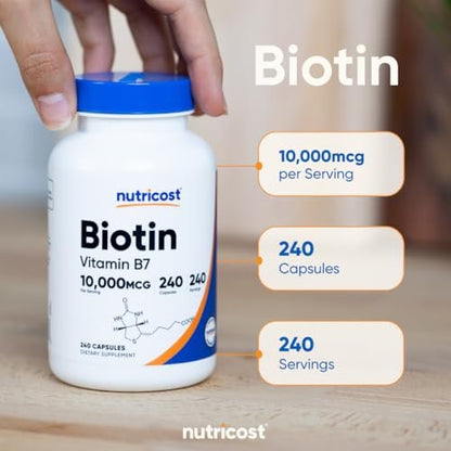 Nutricost Biotin 10.000 mcg (10 mg) Vitamin B7 Nahrungsergänzungsmittel - 240 Kapseln, Vegetarisch, Glutenfrei, Ohne Gentechnik