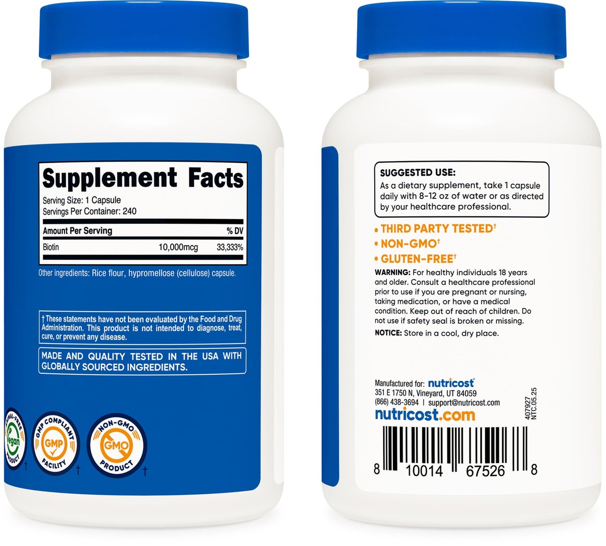 Nutricost Biotin 10.000 mcg (10 mg) Vitamin B7 Nahrungsergänzungsmittel - 240 Kapseln, Vegetarisch, Glutenfrei, Ohne Gentechnik