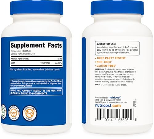 Nutricost Biotin 10.000 mcg (10 mg) Vitamin B7 Nahrungsergänzungsmittel - 240 Kapseln, Vegetarisch, Glutenfrei, Ohne Gentechnik